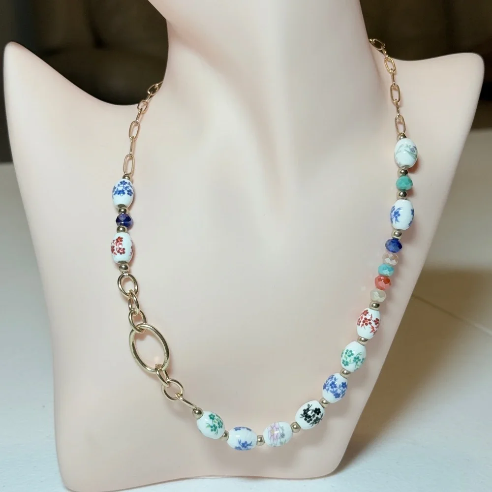 Multicolor Floral Porcelain Bead Necklace - Women Jewelry